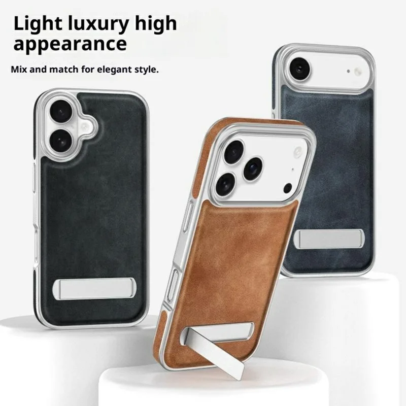 iPhone 17 Pro Max Hülle mit verstecktem Ständer Leder + PC + TPU Matt Elektroplattiert Handyhülle - Braun