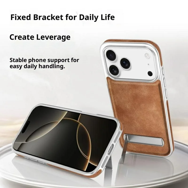 iPhone 17 Pro Max Hülle mit verstecktem Ständer Leder + PC + TPU Matt Elektroplattiert Handyhülle - Braun