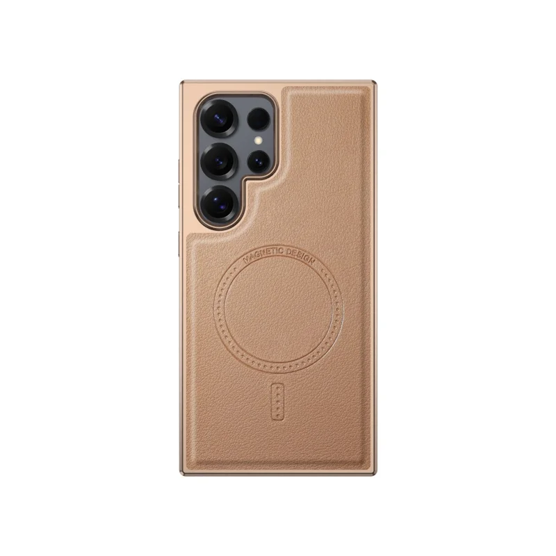 For Samsung Galaxy S23 Ultra Magnetic Case Electroplating Edge PU + TPU + PC Phone Cover - Desert Gold
