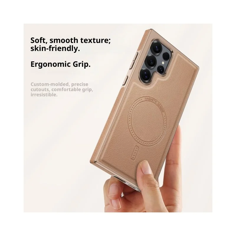 For Samsung Galaxy S23 Ultra Magnetic Case Electroplating Edge PU + TPU + PC Phone Cover - Desert Gold