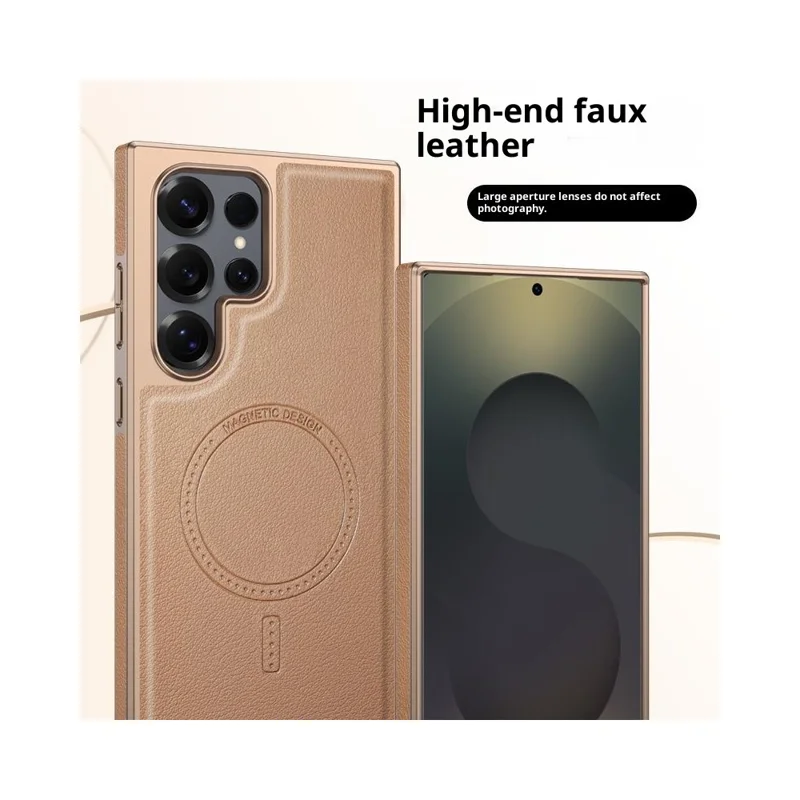 For Samsung Galaxy S23 Ultra Magnetic Case Electroplating Edge PU + TPU + PC Phone Cover - Desert Gold