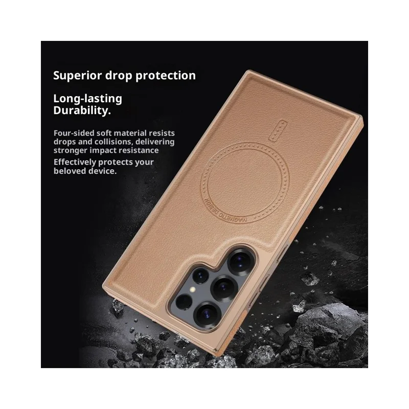 For Samsung Galaxy S23 Ultra Magnetic Case Electroplating Edge PU + TPU + PC Phone Cover - Desert Gold