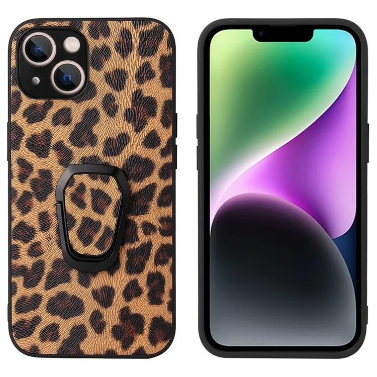 For iPhone 14 Plus Car Mount Kickstand Hybrid Case PU Leather Coated PC+TPU Anti-Scratch Phone Cover - Leopard