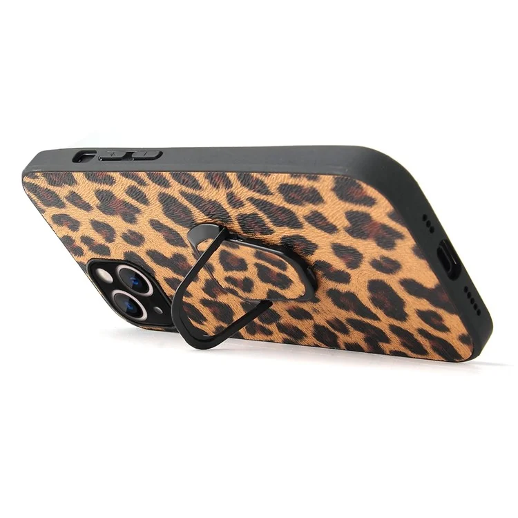 For iPhone 14 Plus Car Mount Kickstand Hybrid Case PU Leather Coated PC+TPU Anti-Scratch Phone Cover - Leopard
