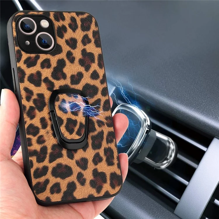 For iPhone 14 Plus Car Mount Kickstand Hybrid Case PU Leather Coated PC+TPU Anti-Scratch Phone Cover - Leopard