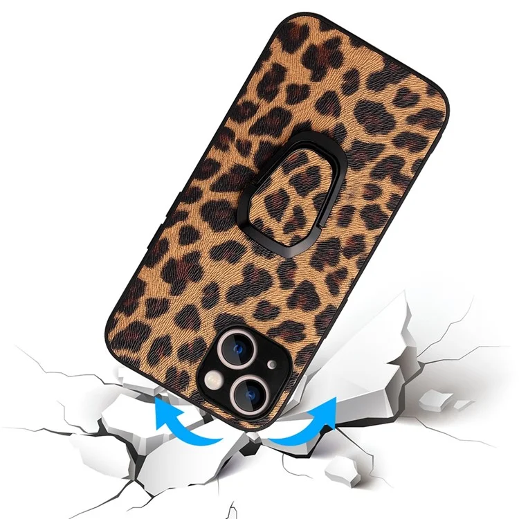 For iPhone 14 Plus Car Mount Kickstand Hybrid Case PU Leather Coated PC+TPU Anti-Scratch Phone Cover - Leopard