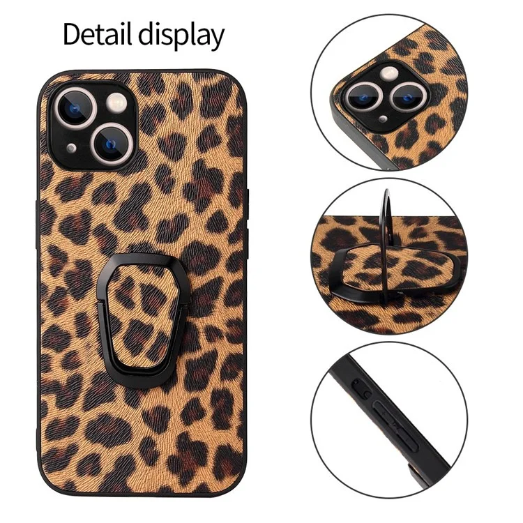 For iPhone 14 Plus Car Mount Kickstand Hybrid Case PU Leather Coated PC+TPU Anti-Scratch Phone Cover - Leopard