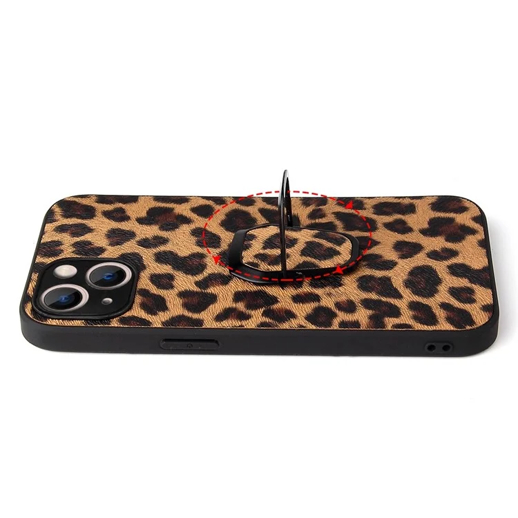 For iPhone 14 Plus Car Mount Kickstand Hybrid Case PU Leather Coated PC+TPU Anti-Scratch Phone Cover - Leopard