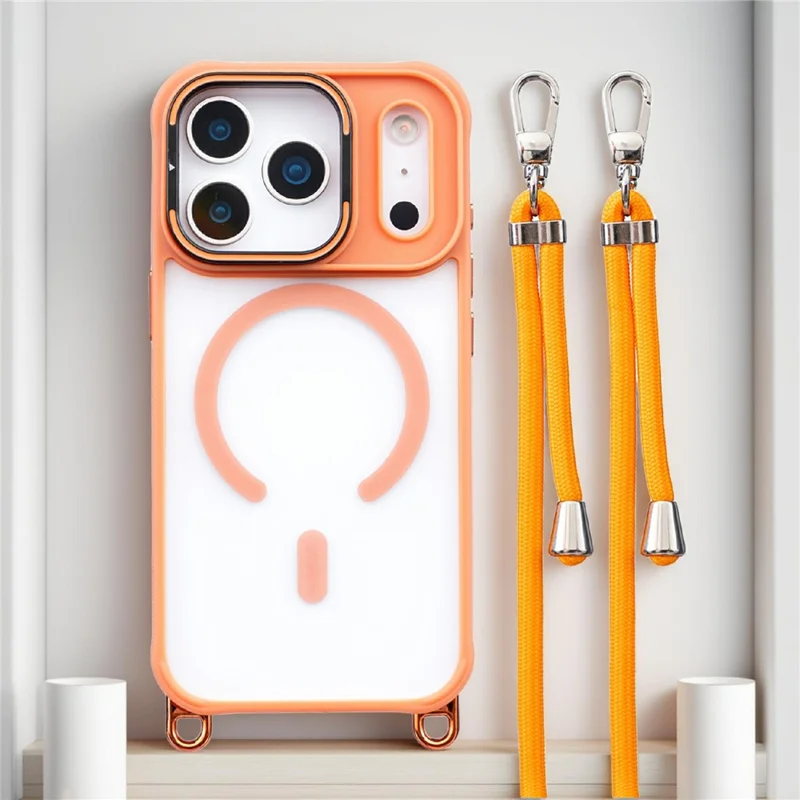 Capa para iPhone 17 Pro Compatível com MagSafe Capa de Telefone PC TPU com Cordão Ajustável / Estrutura da Câmera com Suporte - Laranja