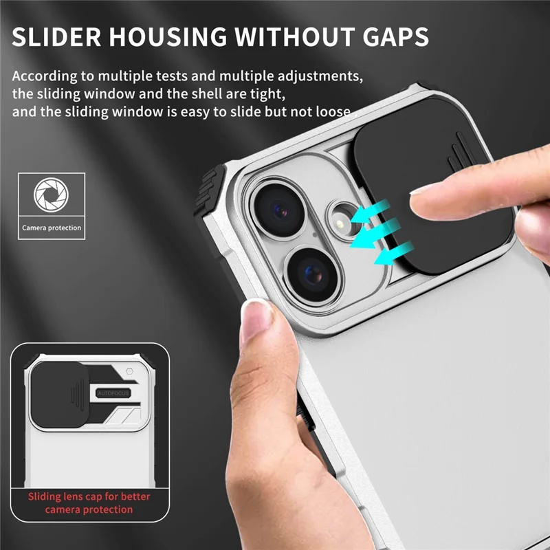 For iPhone 17 Case Camera Slider PC + TPU Phone Cover with Kickstand - White