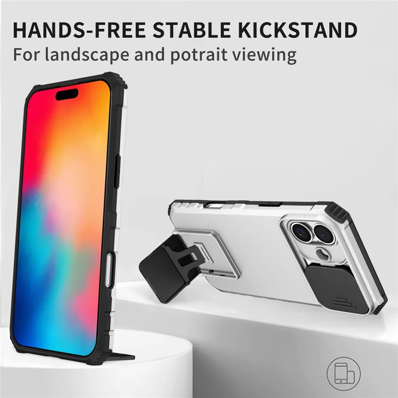 For iPhone 17 Case Camera Slider PC + TPU Phone Cover with Kickstand - White