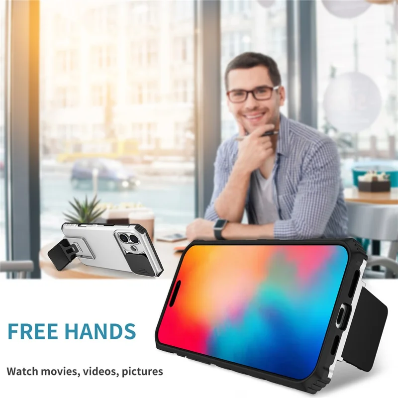 For iPhone 17 Case Camera Slider PC + TPU Phone Cover with Kickstand - White