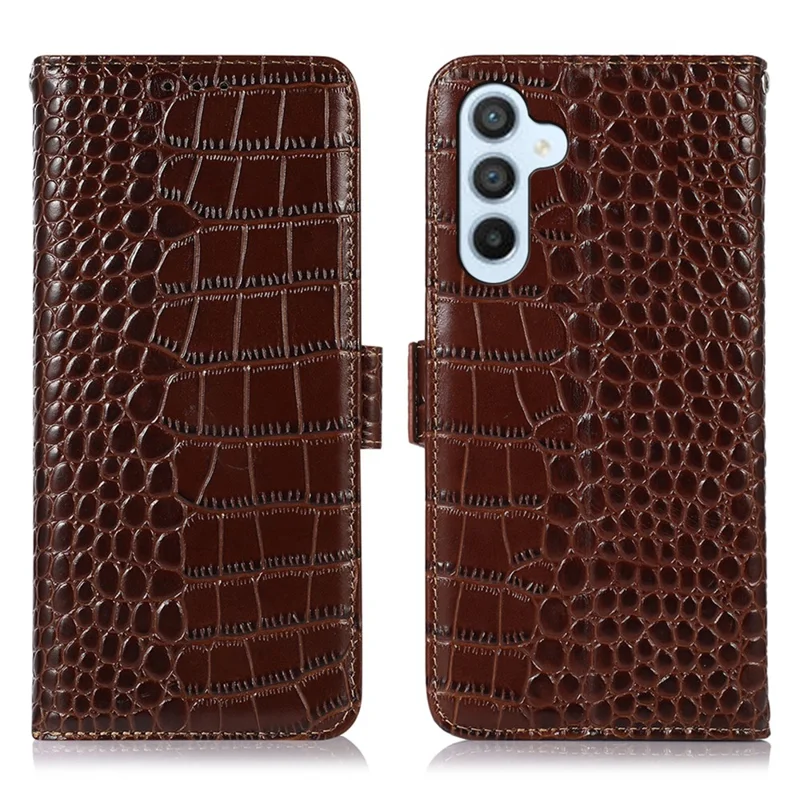 For Samsung Galaxy S26 / S26 Pro Case RFID Blocking Wallet Crocodile Texture Genuine Cow Leather Phone Cover - Brown