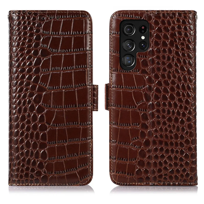 For Samsung Galaxy S26 Ultra Case RFID Blocking Wallet Crocodile Texture Genuine Cow Leather Phone Cover - Brown