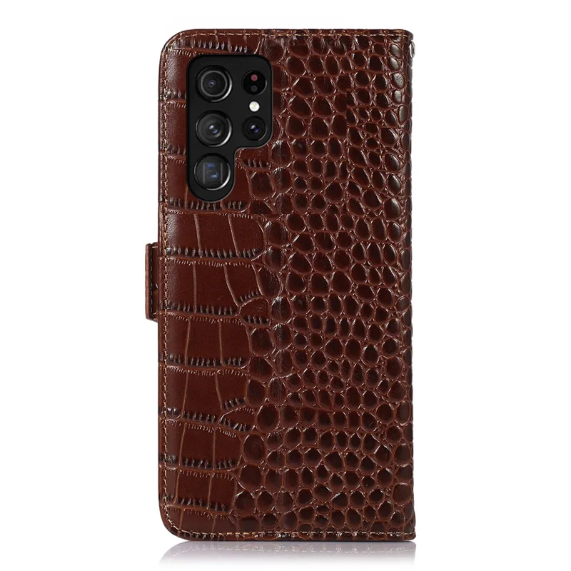 For Samsung Galaxy S26 Ultra Case RFID Blocking Wallet Crocodile Texture Genuine Cow Leather Phone Cover - Brown