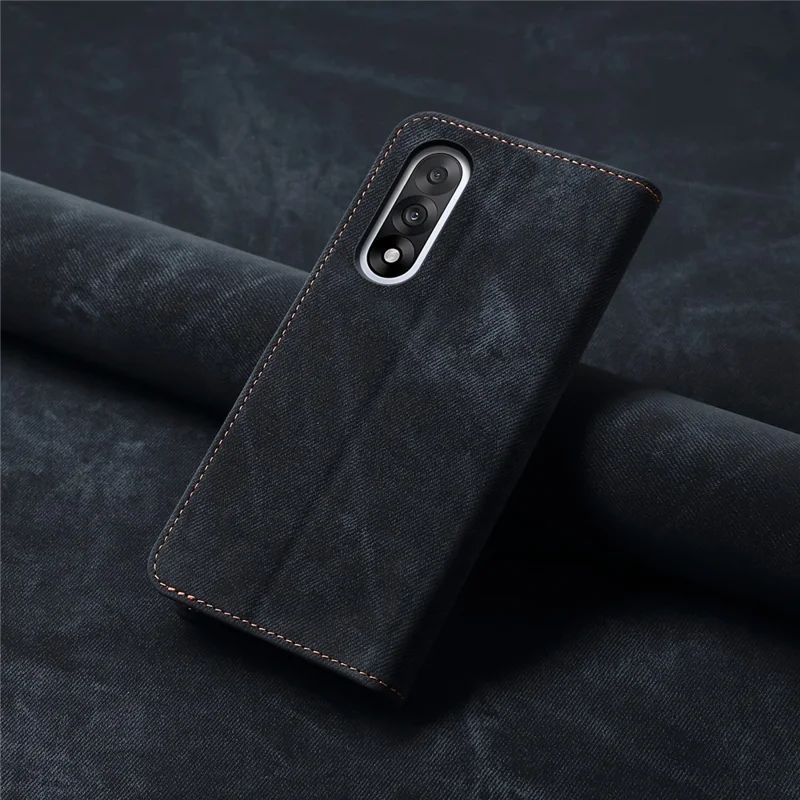 Per OnePlus Nord 5 5G Custodia Tessuto Jeans Texture Anti-Graffio Custodia Telefonica in Pelle con Supporto - Nero