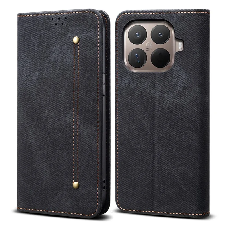 Voor Xiaomi 15T Pro Hoesje met Stoffen Jeansstructuur Antikras Lederen Standhoes - Zwart