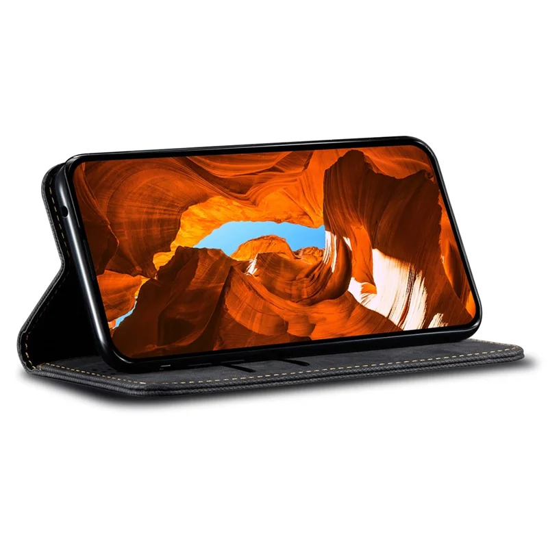 Voor Xiaomi 15T Pro Hoesje met Stoffen Jeansstructuur Antikras Lederen Standhoes - Zwart