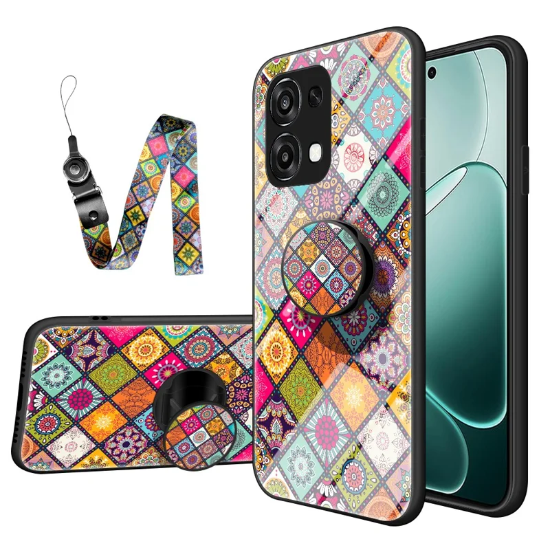 Funda de teléfono para Oppo A6 5G / A6 Pro 5G / 4G / F31 5G con soporte, patrón étnico, tapa de vidrio templado y correa - Patrón de color