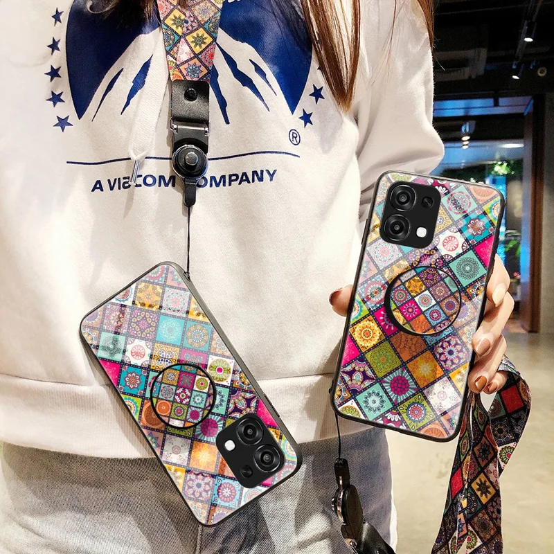 Funda de teléfono para Oppo A6 5G / A6 Pro 5G / 4G / F31 5G con soporte, patrón étnico, tapa de vidrio templado y correa - Patrón de color