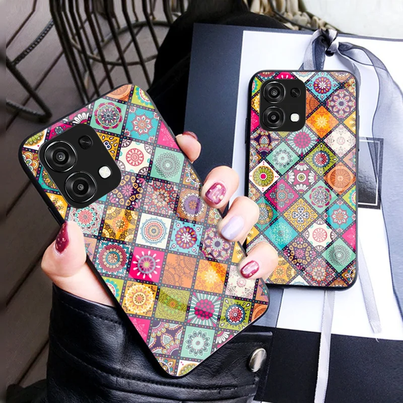 Funda de teléfono para Oppo A6 5G / A6 Pro 5G / 4G / F31 5G con soporte, patrón étnico, tapa de vidrio templado y correa - Patrón de color