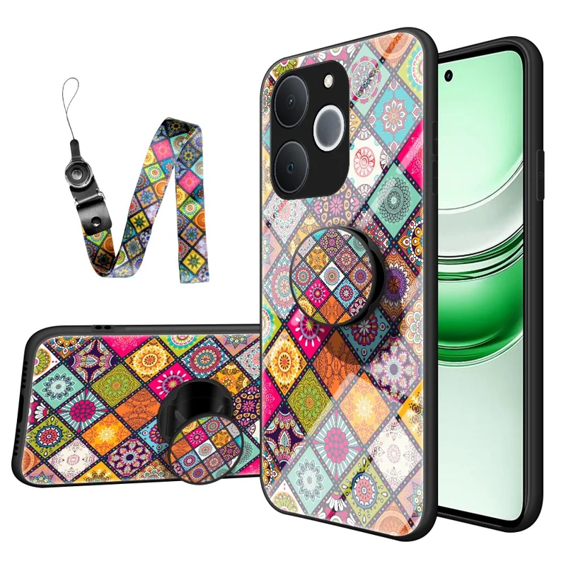 For Realme C71 4G  /  Note 70 4G Case Kickstand Ethnic Pattern Tempered Glass Phone Cover with Strap - Color Pattern