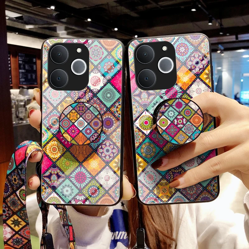 For Realme C71 4G  /  Note 70 4G Case Kickstand Ethnic Pattern Tempered Glass Phone Cover with Strap - Color Pattern