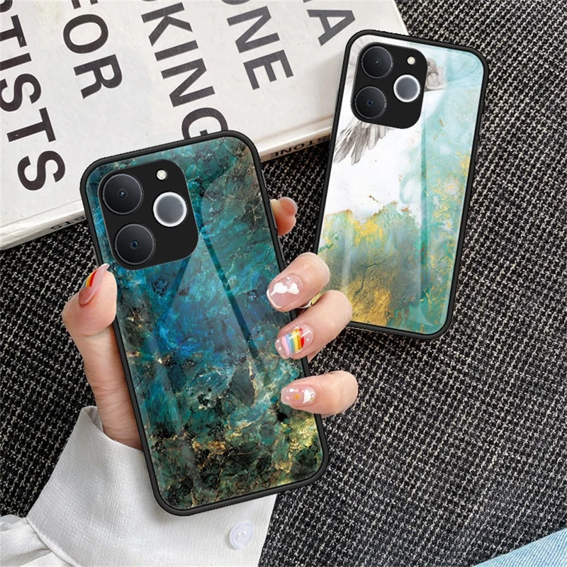 For Realme C71 4G  /  Note 70 4G Case Marble Pattern Tempered Glass + PC + TPU Protective Phone Cover - White Marble