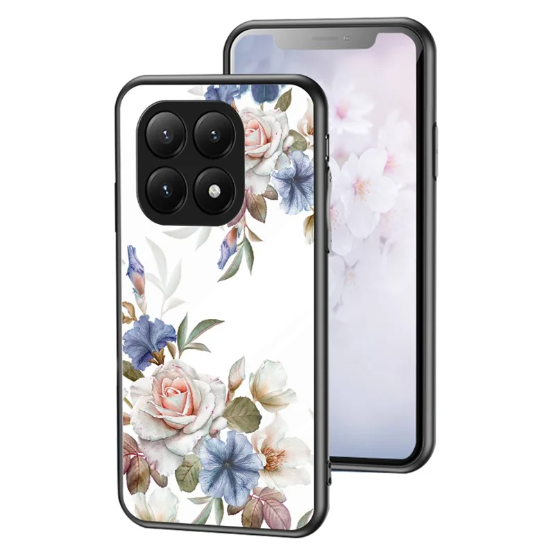 For Xiaomi 15T Pro Case Floral Pattern TPU + Tempered Glass Protective Phone Cover - White Flower Bush