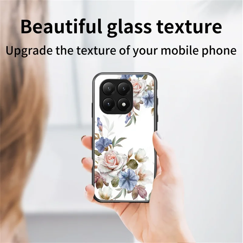 For Xiaomi 15T Pro Case Floral Pattern TPU + Tempered Glass Protective Phone Cover - White Flower Bush
