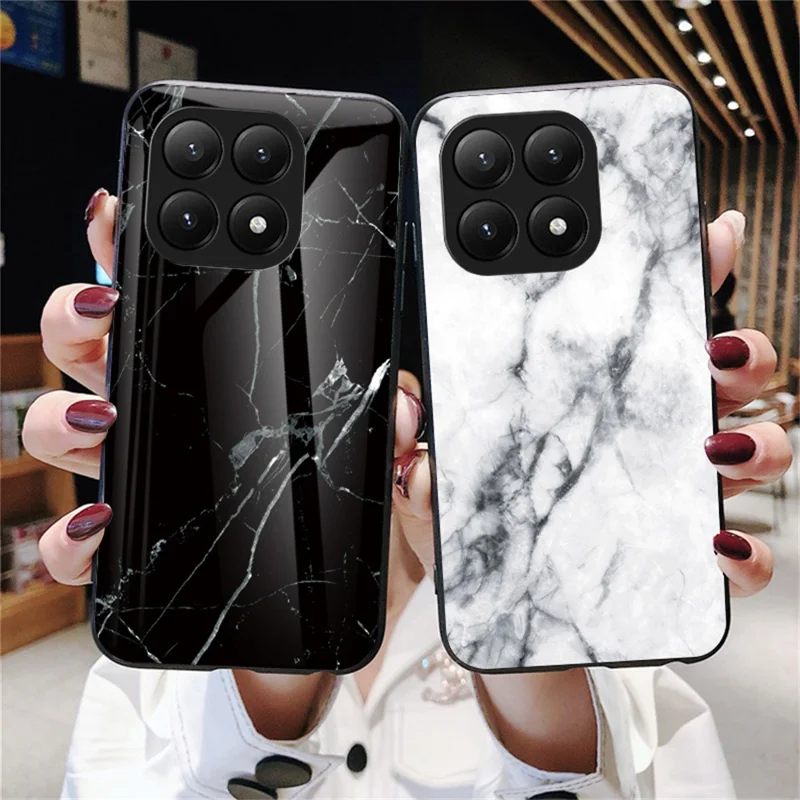 For Xiaomi 15T Pro Case Marble Pattern Tempered Glass + PC + TPU Protective Phone Cover - White Marble