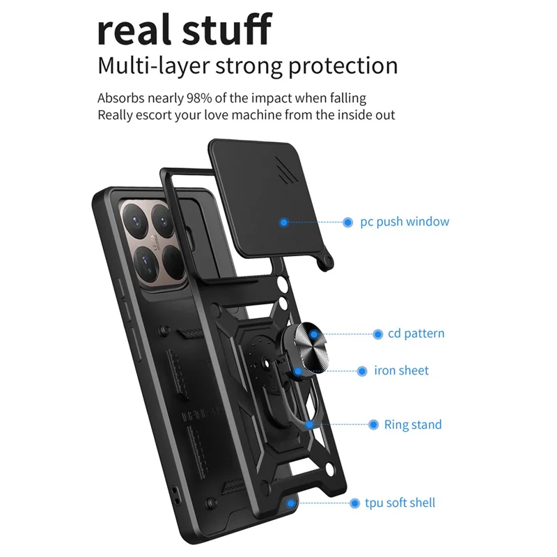 Telefoonhoesje voor Xiaomi 15T Pro met draaibare cameraafdekking PC + TPU met standaard - Zwart