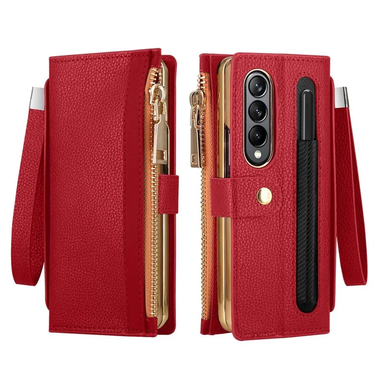 Für Samsung Galaxy Z Fold4 5G RFID Blockierende PU Leder Reißverschluss Brieftasche Telefon Hülle Taste Ständer Abdeckung Mit Griffgurt Und Handgelenksgurt - Rot
