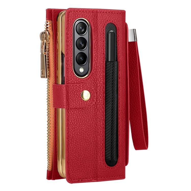 Für Samsung Galaxy Z Fold4 5G RFID Blockierende PU Leder Reißverschluss Brieftasche Telefon Hülle Taste Ständer Abdeckung Mit Griffgurt Und Handgelenksgurt - Rot