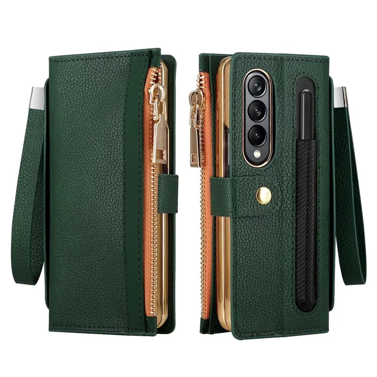 Pour Samsung Galaxy Z Fold4 5G RFID Blocking PU Leather Zipper Wallet Phone Case Button Closure Stand Cover avec Grip Strap et Wrist Strap - Vert