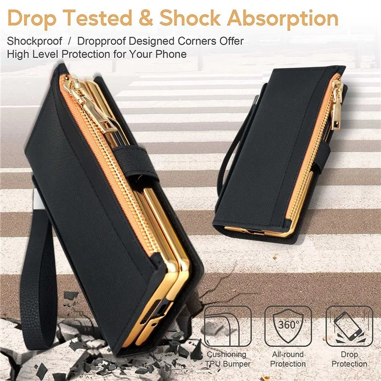 Pour Samsung Galaxy Z Fold4 5G RFID Blocking PU Leather Zipper Wallet Phone Case Button Closure Stand Cover avec Grip Strap et Wrist Strap - Vert