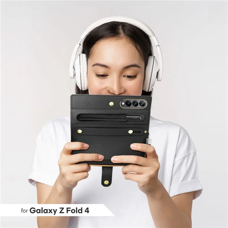 Pour Samsung Galaxy Z Fold4 5G RFID Blocking PU Leather Zipper Wallet Phone Case Button Closure Stand Cover avec Grip Strap et Wrist Strap - Vert
