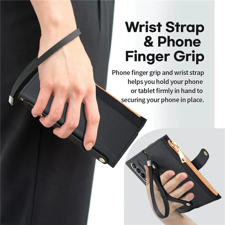 Pour Samsung Galaxy Z Fold4 5G RFID Blocking PU Leather Zipper Wallet Phone Case Button Closure Stand Cover avec Grip Strap et Wrist Strap - Vert