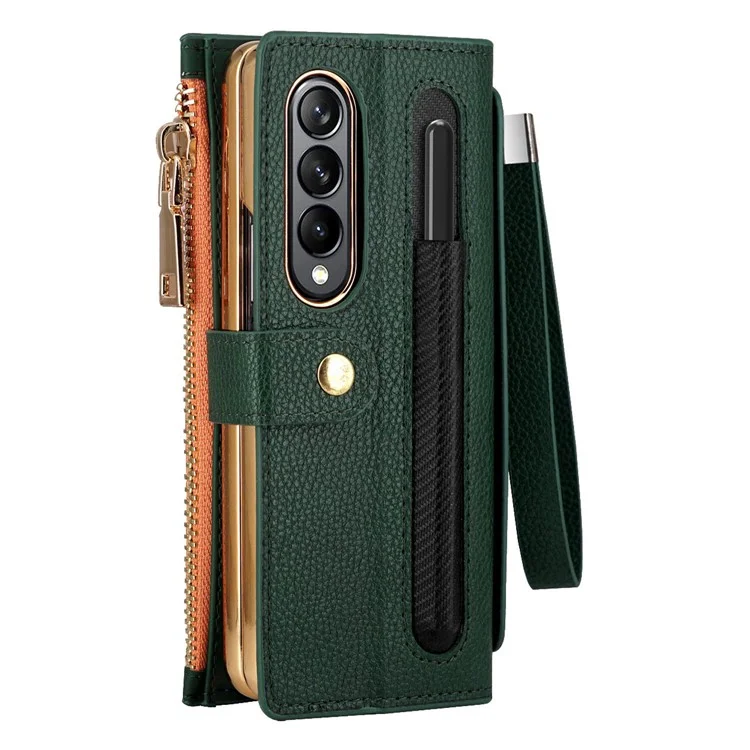 Pour Samsung Galaxy Z Fold4 5G RFID Blocking PU Leather Zipper Wallet Phone Case Button Closure Stand Cover avec Grip Strap et Wrist Strap - Vert
