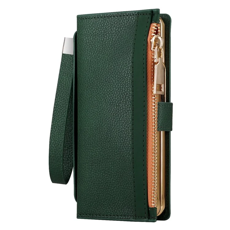 Pour Samsung Galaxy Z Fold4 5G RFID Blocking PU Leather Zipper Wallet Phone Case Button Closure Stand Cover avec Grip Strap et Wrist Strap - Vert