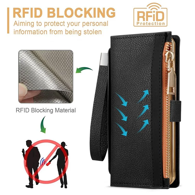 Pour Samsung Galaxy Z Fold4 5G RFID Blocking PU Leather Zipper Wallet Phone Case Button Closure Stand Cover avec Grip Strap et Wrist Strap - Vert