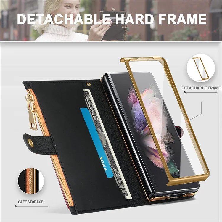 Pour Samsung Galaxy Z Fold4 5G RFID Blocking PU Leather Zipper Wallet Phone Case Button Closure Stand Cover avec Grip Strap et Wrist Strap - Vert