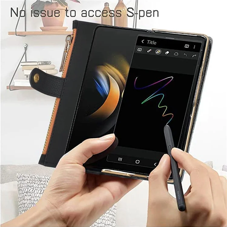 Pour Samsung Galaxy Z Fold4 5G RFID Blocking PU Leather Zipper Wallet Phone Case Button Closure Stand Cover avec Grip Strap et Wrist Strap - Vert