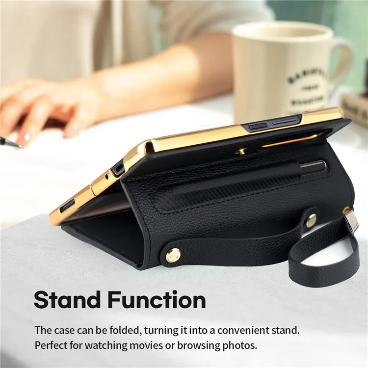 Pour Samsung Galaxy Z Fold4 5G RFID Blocking PU Leather Zipper Wallet Phone Case Button Closure Stand Cover avec Grip Strap et Wrist Strap - Vert