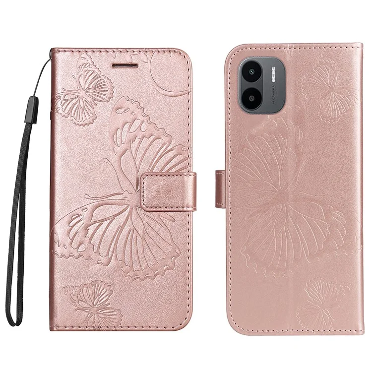 KT Imprinting Flower Series-2 para Xiaomi Redmi A1 4G / A2 4G Funda de Cartera de Piel PU con Soporte de Visualización Estampada con Patrón de Mariposa Cubierta Magnética para Teléfono - Oro Rosa