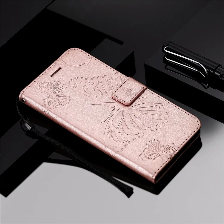 KT Imprinting Flower Series-2 para Xiaomi Redmi A1 4G / A2 4G Funda de Cartera de Piel PU con Soporte de Visualización Estampada con Patrón de Mariposa Cubierta Magnética para Teléfono - Oro Rosa