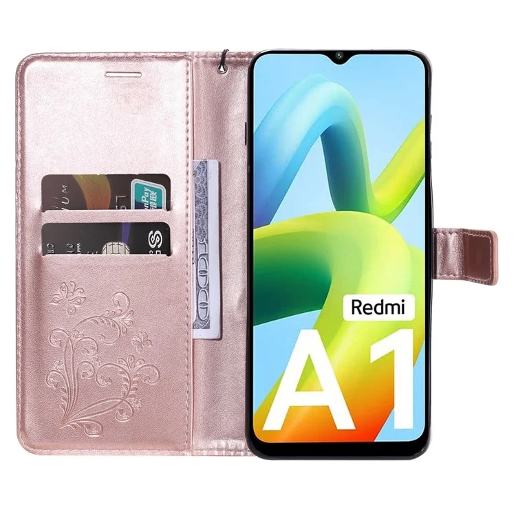 KT Imprinting Flower Series-2 para Xiaomi Redmi A1 4G / A2 4G Funda de Cartera de Piel PU con Soporte de Visualización Estampada con Patrón de Mariposa Cubierta Magnética para Teléfono - Oro Rosa