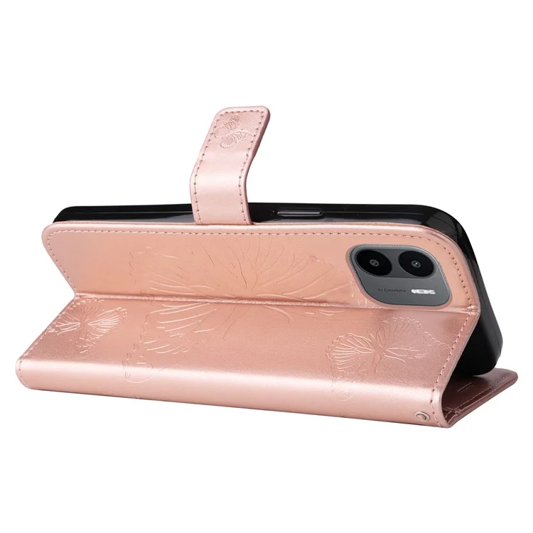 KT Imprinting Flower Series-2 para Xiaomi Redmi A1 4G / A2 4G Funda de Cartera de Piel PU con Soporte de Visualización Estampada con Patrón de Mariposa Cubierta Magnética para Teléfono - Oro Rosa