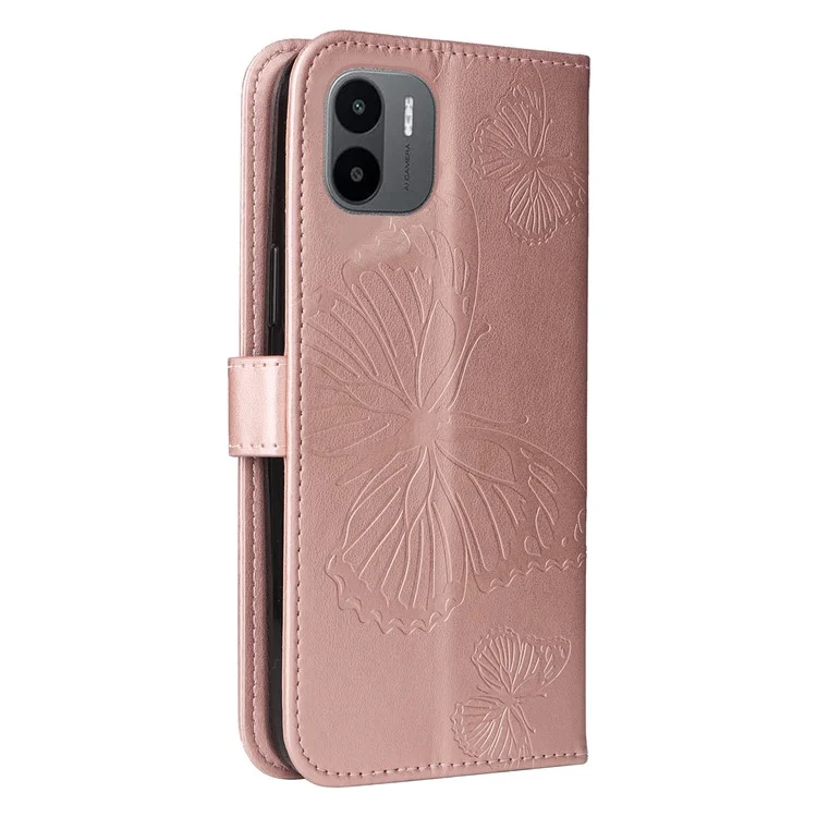KT Imprinting Flower Series-2 para Xiaomi Redmi A1 4G / A2 4G Funda de Cartera de Piel PU con Soporte de Visualización Estampada con Patrón de Mariposa Cubierta Magnética para Teléfono - Oro Rosa