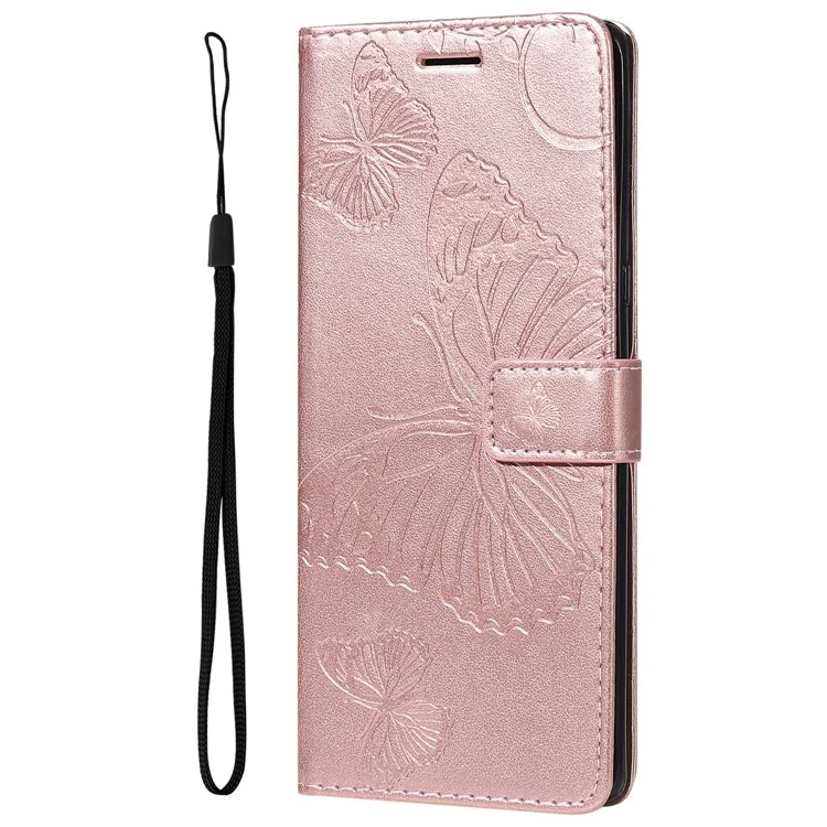 KT Imprinting Flower Series-2 para Xiaomi Redmi A1 4G / A2 4G Funda de Cartera de Piel PU con Soporte de Visualización Estampada con Patrón de Mariposa Cubierta Magnética para Teléfono - Oro Rosa